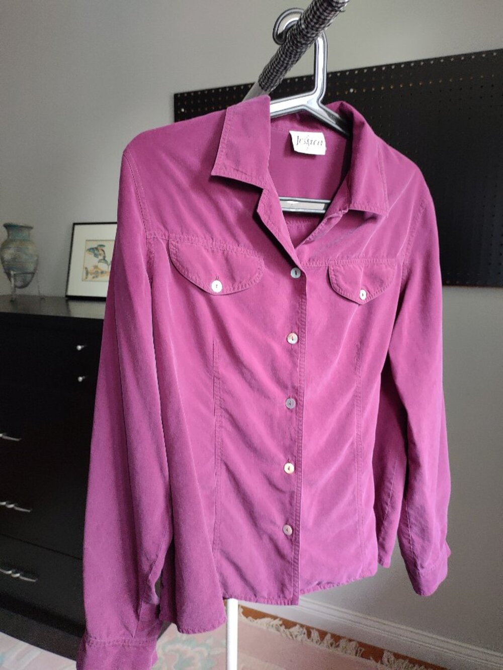 Vintage Jessica 100% Silk Button Down Shirt Size M - Solid Purple Pink Fuchsia - Picture 3 of 7